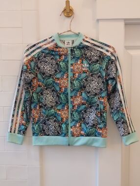 adidas Multi-Color Floral Print Track Jacket with Mint Trim
